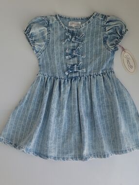 Nannette Light Blue & White Striped Denim Dress, Front Bow Accents, puff sleeves